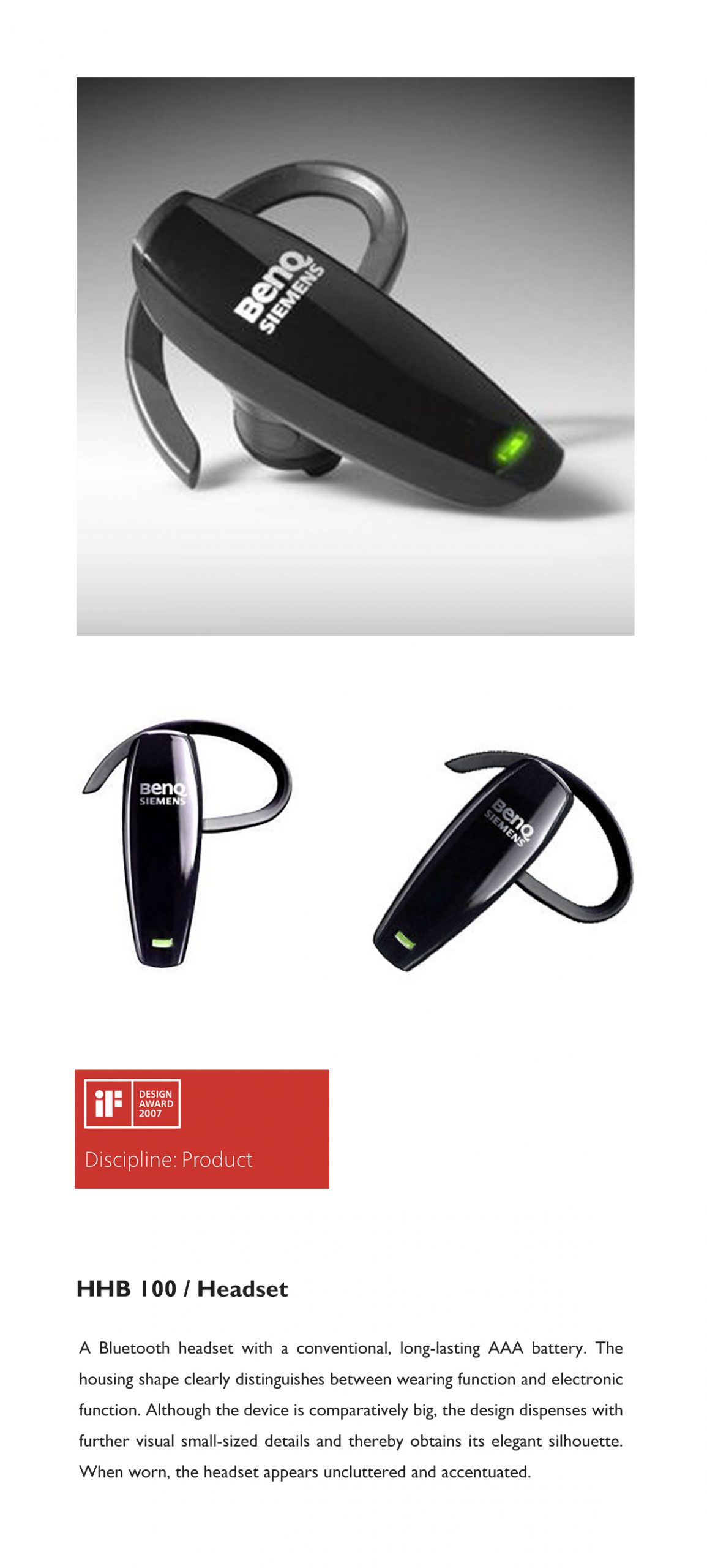 明基BenQ HHB100 蓝牙耳机 ｜ 获颁2007 iF Design Award设计大奖