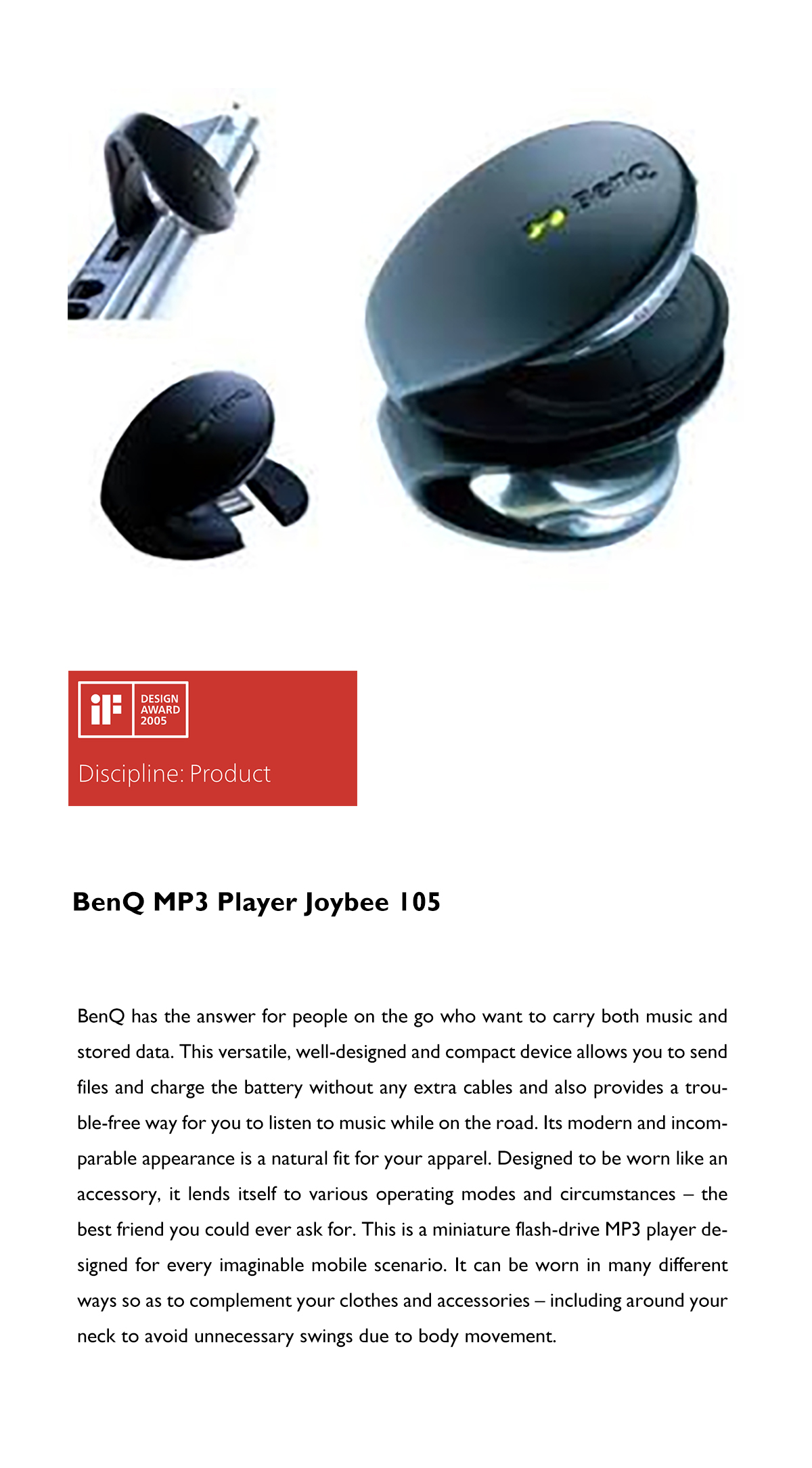 BenQ Joybee 105 MP3播放器获颁2005 iF Design Award设计大奖